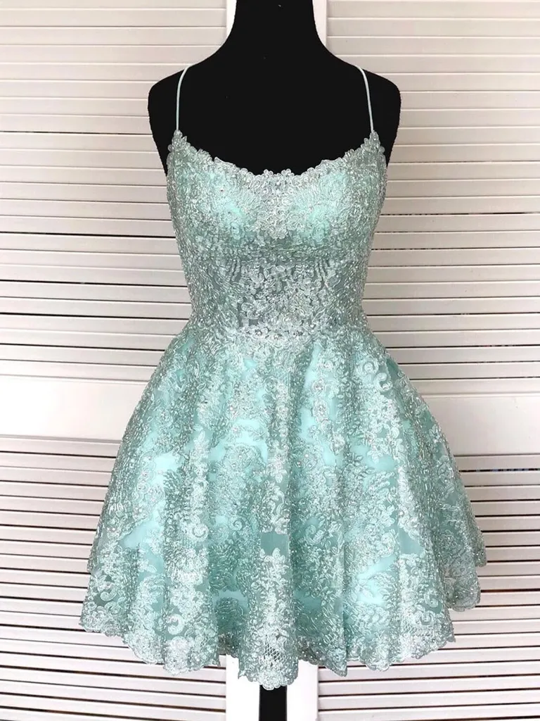A-Line Light Blue Lace Cute Homecoming Dress Short Prom Dress #MHL083