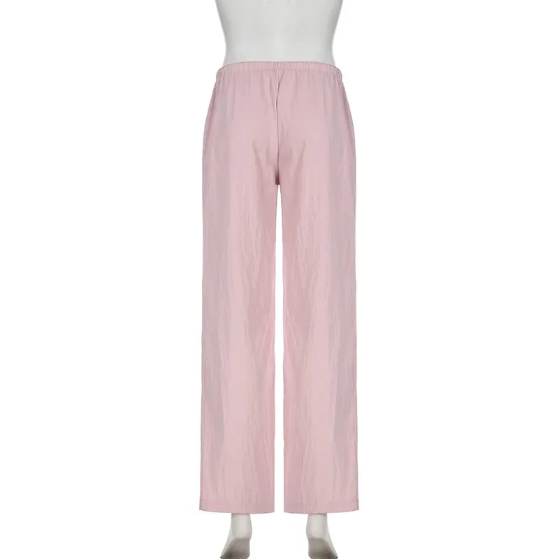 Casual Loose Solid Drawstring Basic Women Pants Homewear Korean All-Match Full Length Trousers Pink Sweet Capris New