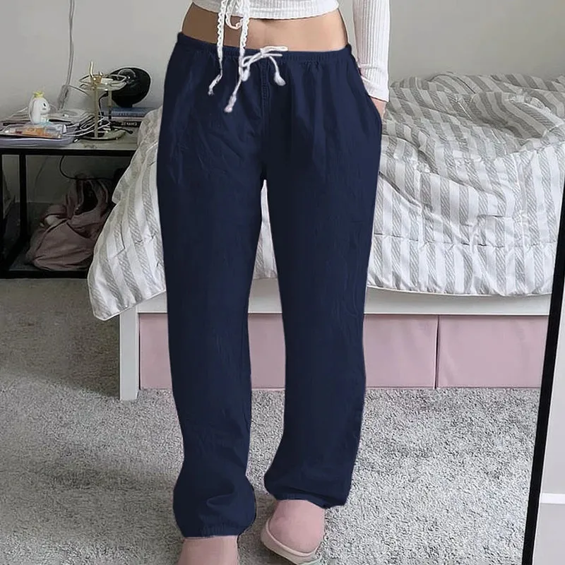 Casual Loose Solid Drawstring Basic Women Pants Homewear Korean All-Match Full Length Trousers Pink Sweet Capris New