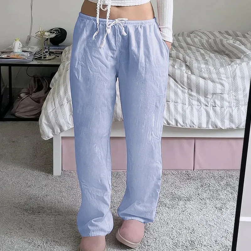 Casual Loose Solid Drawstring Basic Women Pants Homewear Korean All-Match Full Length Trousers Pink Sweet Capris New