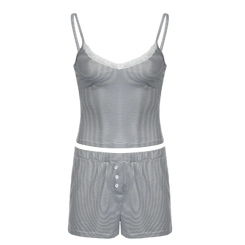 Casual Stripe Lace Trim Summer Two Pieces Set Female Homewear Buttons Camis Top Shorts Slim Basic Matching Suits Y2K