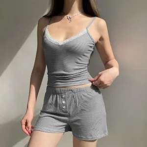Casual Stripe Lace Trim Summer Two Pieces Set Female Homewear Buttons Camis Top Shorts Slim Basic Matching Suits Y2K