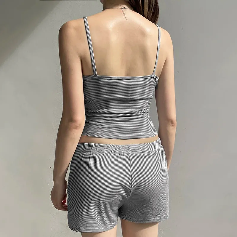 Casual Stripe Lace Trim Summer Two Pieces Set Female Homewear Buttons Camis Top Shorts Slim Basic Matching Suits Y2K