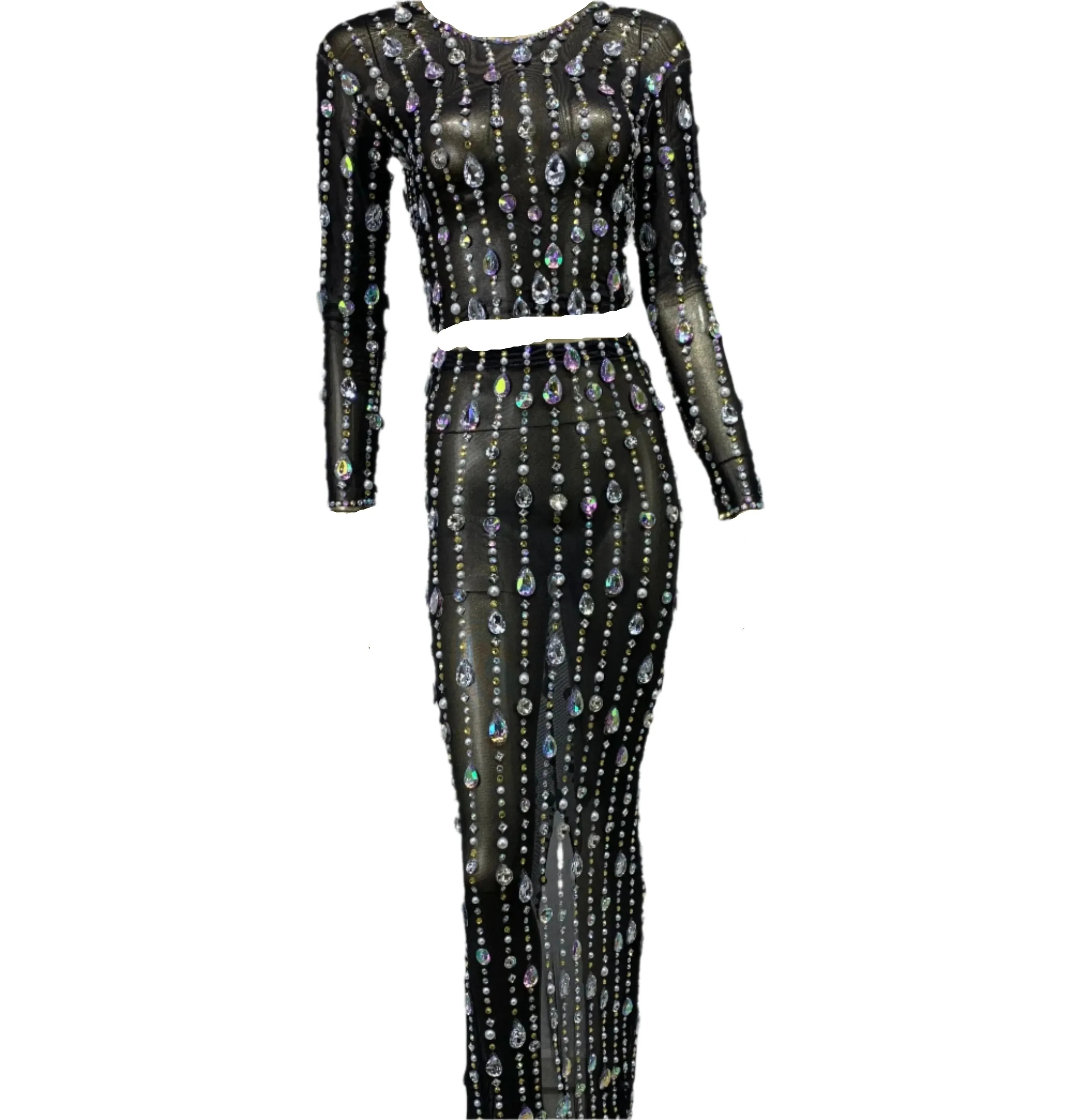 Crystal Striped Mesh Dress Set