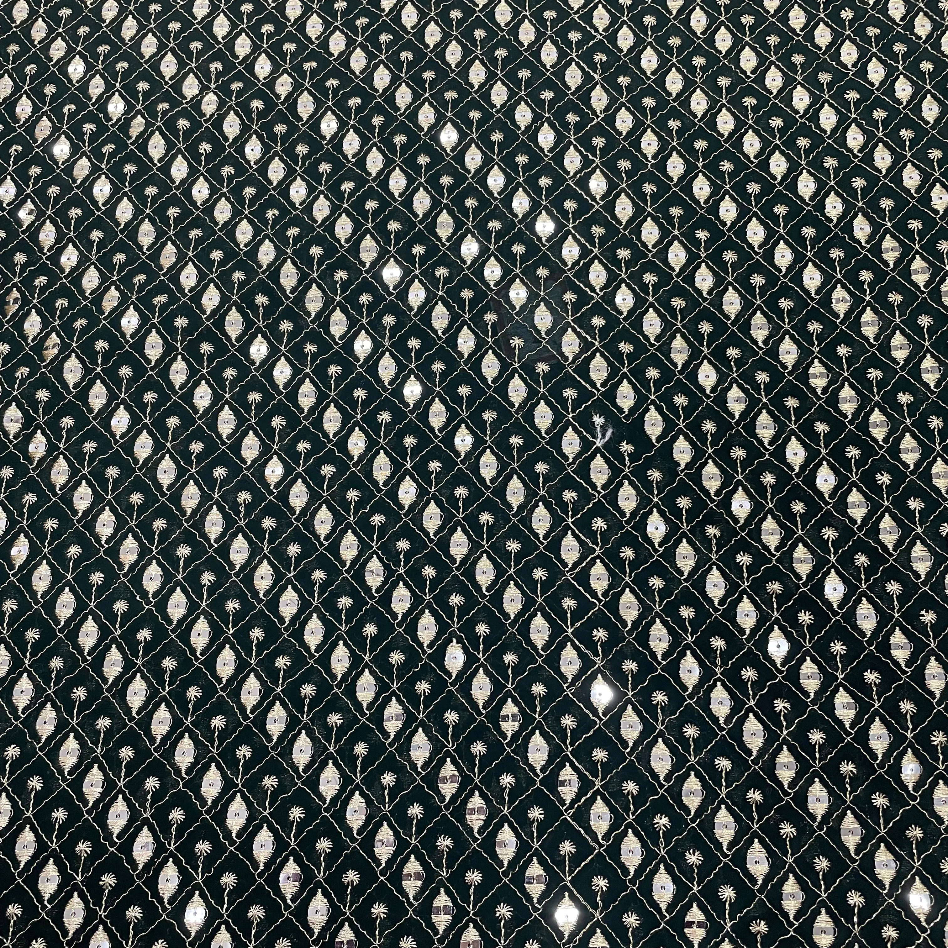 Dark Green Check Embroidery Sequins Georgette Fabric