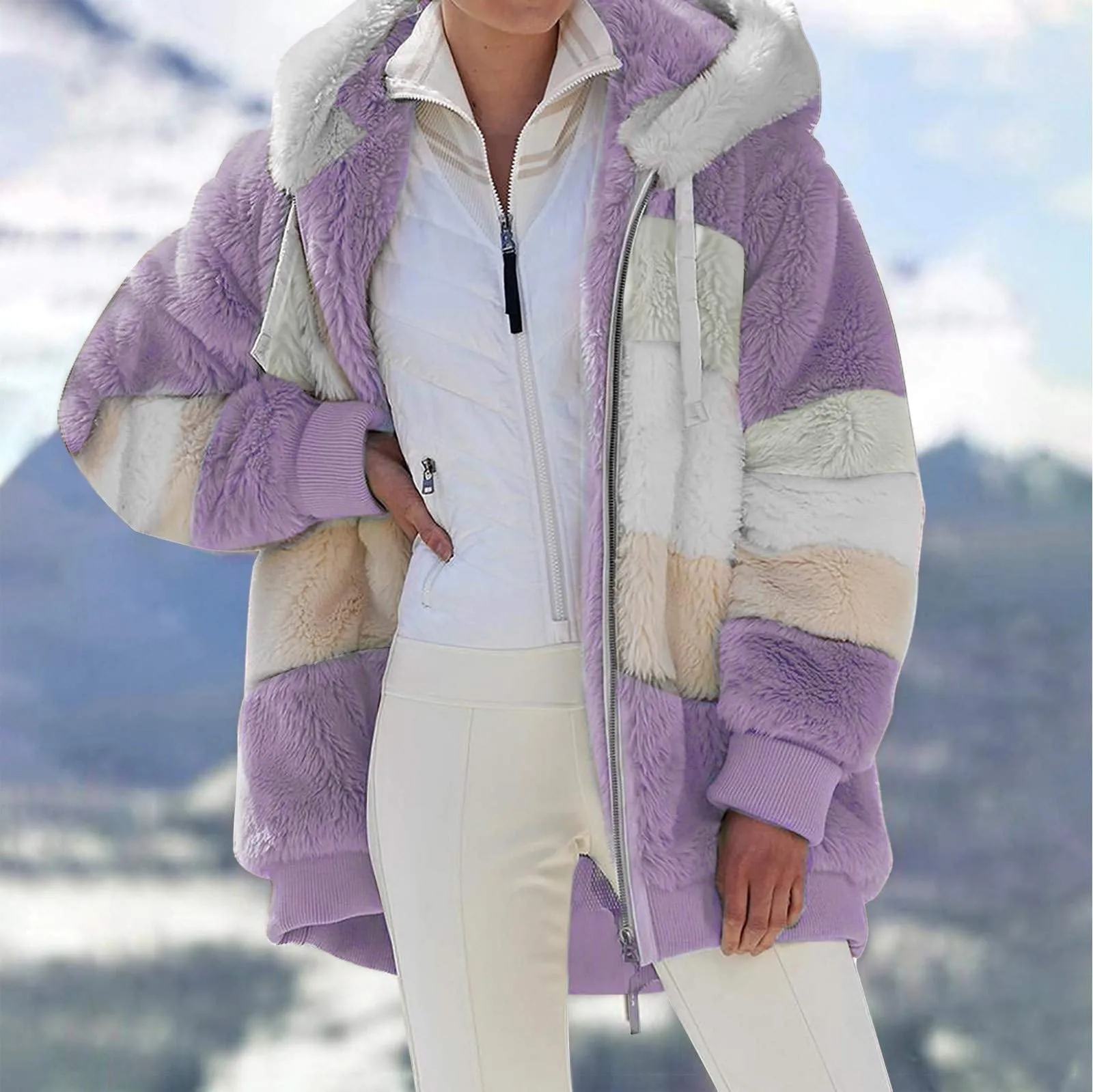 KZKR Winter Plush Coat for Women Color Block Long Sleeve Cardigan Casual Loose Fit Hooded Jacket Cover Ups Clothes