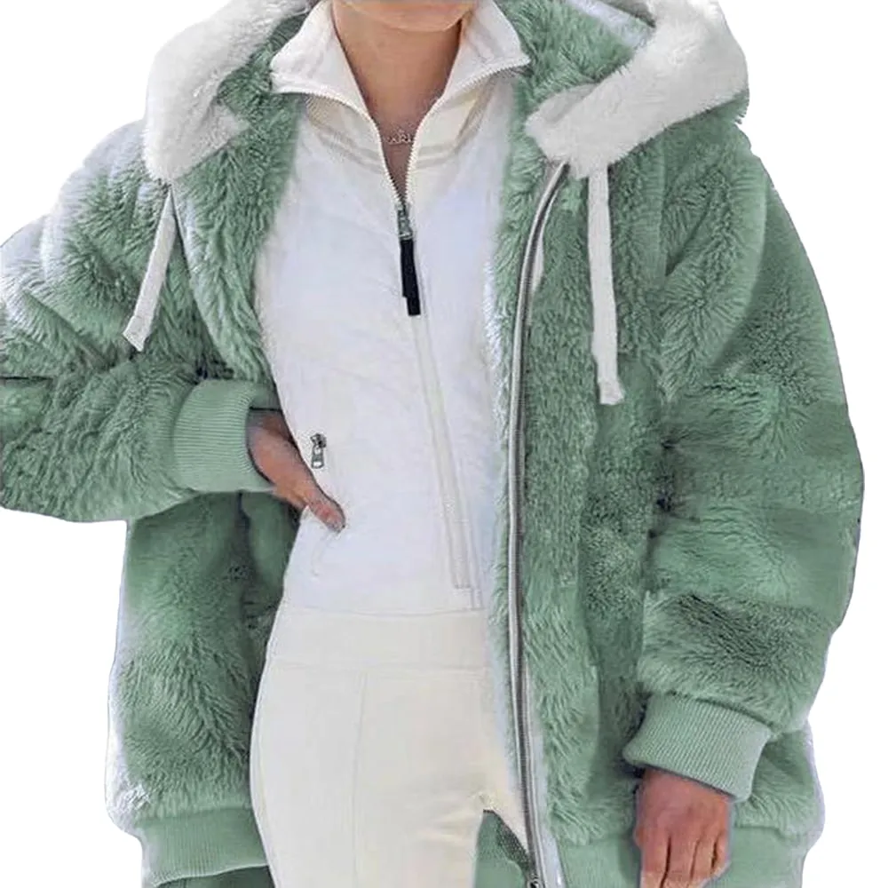KZKR Winter Plush Coat for Women Color Block Long Sleeve Cardigan Casual Loose Fit Hooded Jacket Cover Ups Clothes