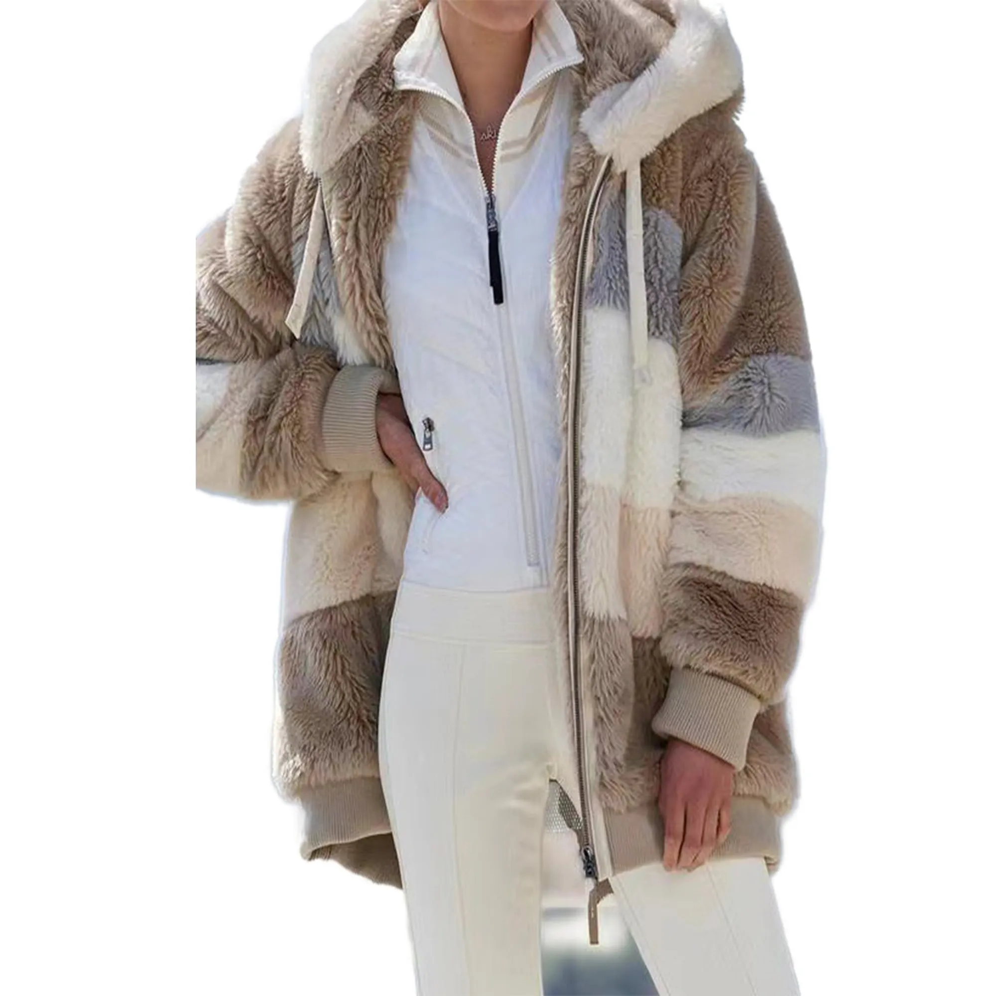 KZKR Winter Plush Coat for Women Color Block Long Sleeve Cardigan Casual Loose Fit Hooded Jacket Cover Ups Clothes