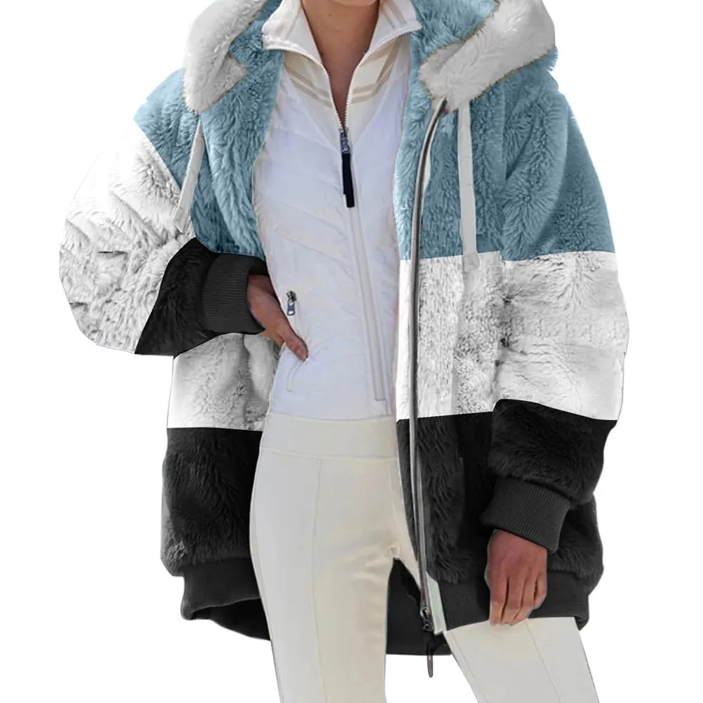 KZKR Winter Plush Coat for Women Color Block Long Sleeve Cardigan Casual Loose Fit Hooded Jacket Cover Ups Clothes
