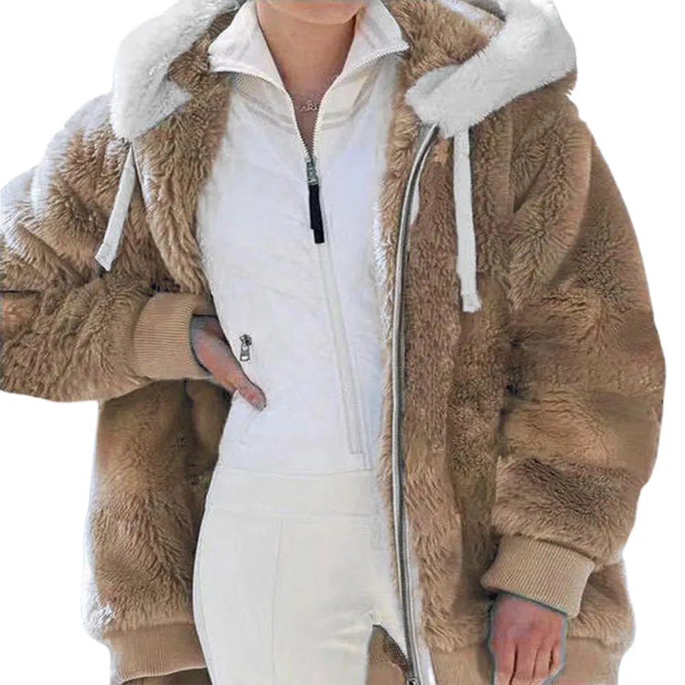 KZKR Winter Plush Coat for Women Color Block Long Sleeve Cardigan Casual Loose Fit Hooded Jacket Cover Ups Clothes