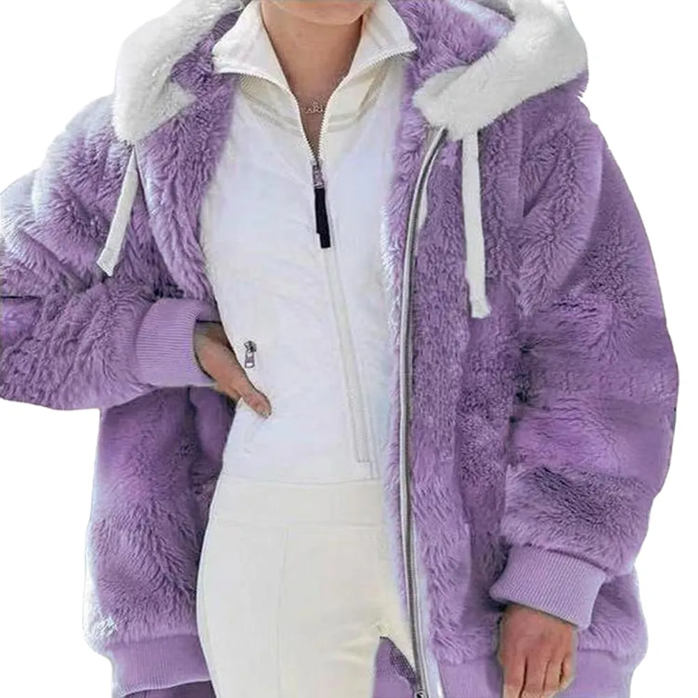 KZKR Winter Plush Coat for Women Color Block Long Sleeve Cardigan Casual Loose Fit Hooded Jacket Cover Ups Clothes