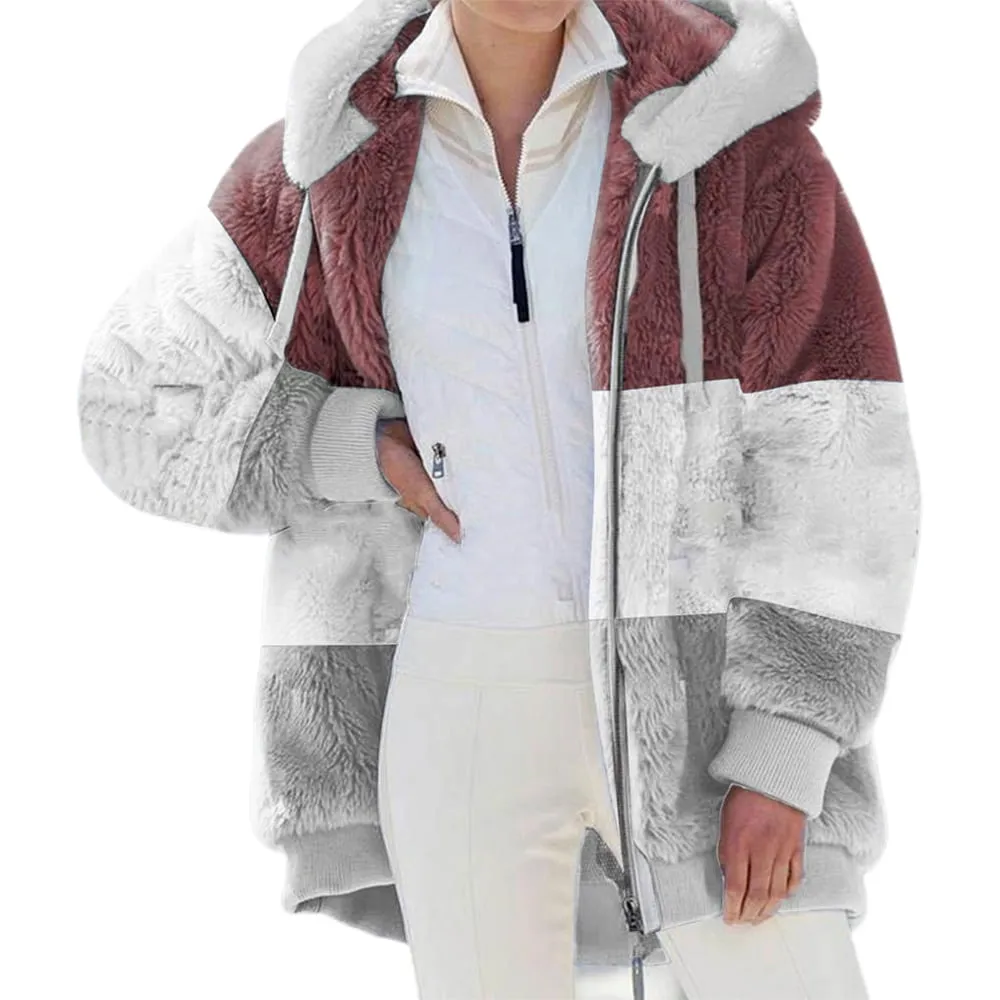 KZKR Winter Plush Coat for Women Color Block Long Sleeve Cardigan Casual Loose Fit Hooded Jacket Cover Ups Clothes