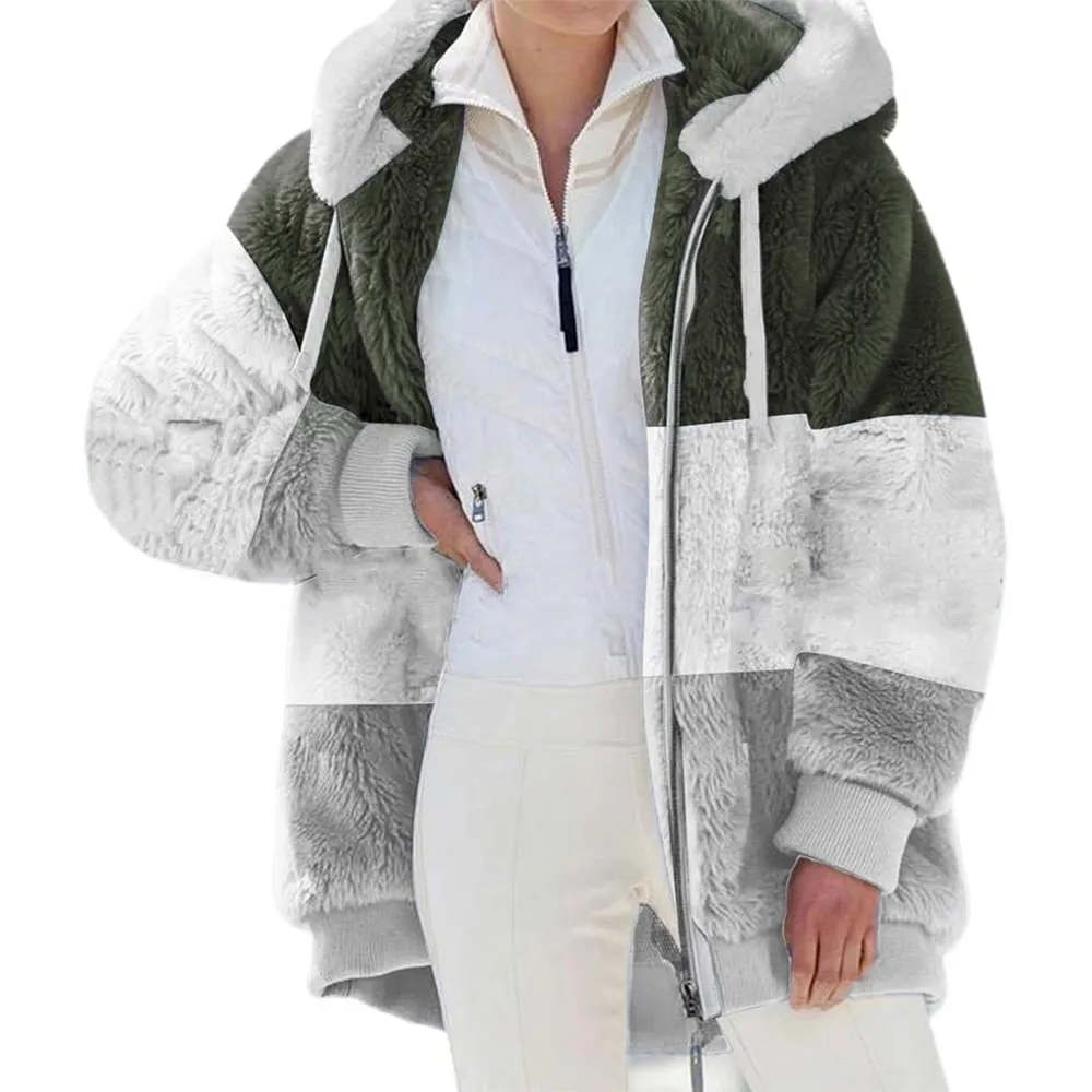 KZKR Winter Plush Coat for Women Color Block Long Sleeve Cardigan Casual Loose Fit Hooded Jacket Cover Ups Clothes