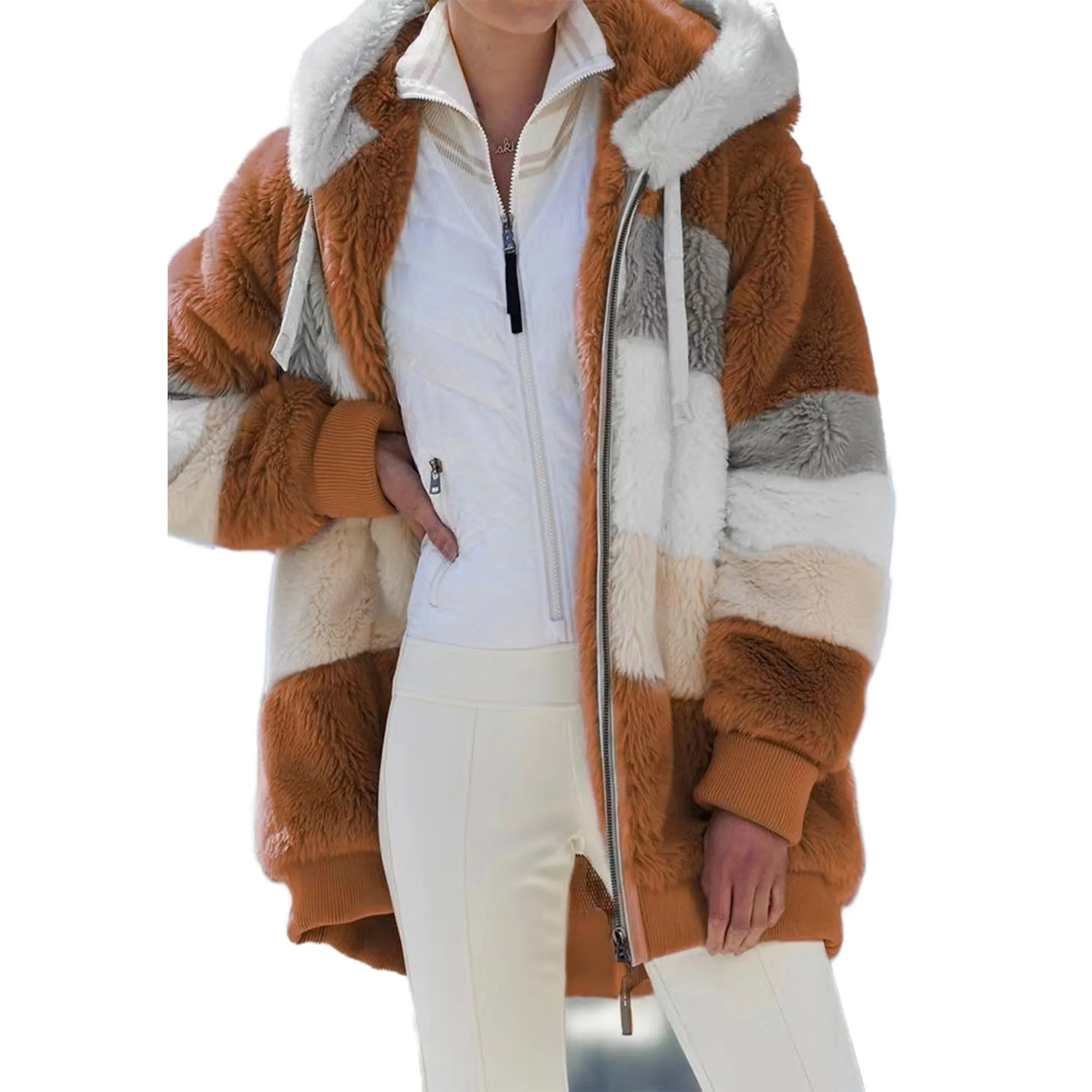 KZKR Winter Plush Coat for Women Color Block Long Sleeve Cardigan Casual Loose Fit Hooded Jacket Cover Ups Clothes