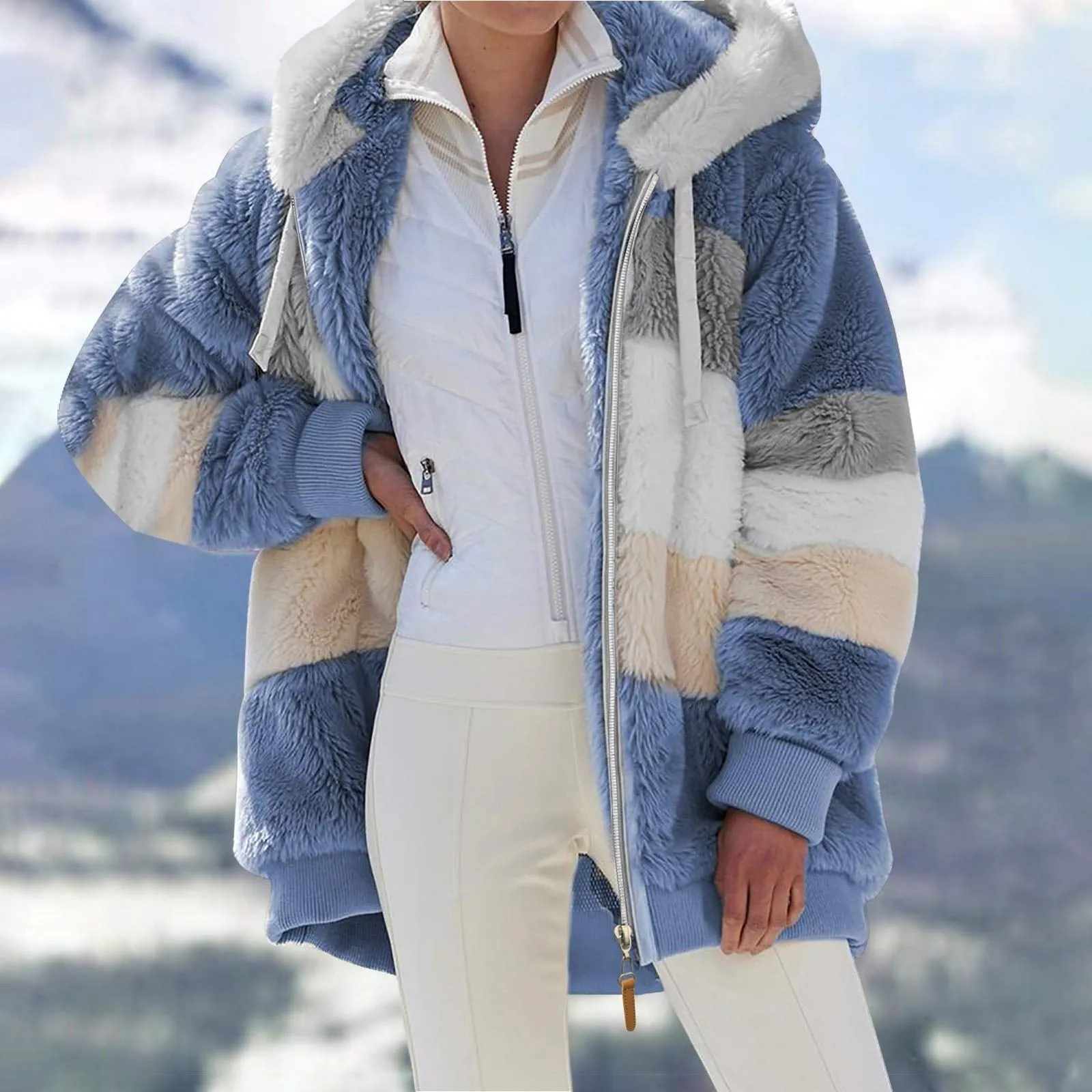 KZKR Winter Plush Coat for Women Color Block Long Sleeve Cardigan Casual Loose Fit Hooded Jacket Cover Ups Clothes