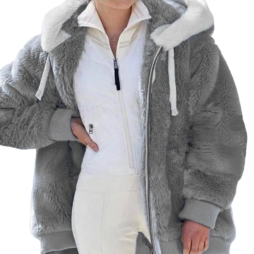 KZKR Winter Plush Coat for Women Color Block Long Sleeve Cardigan Casual Loose Fit Hooded Jacket Cover Ups Clothes