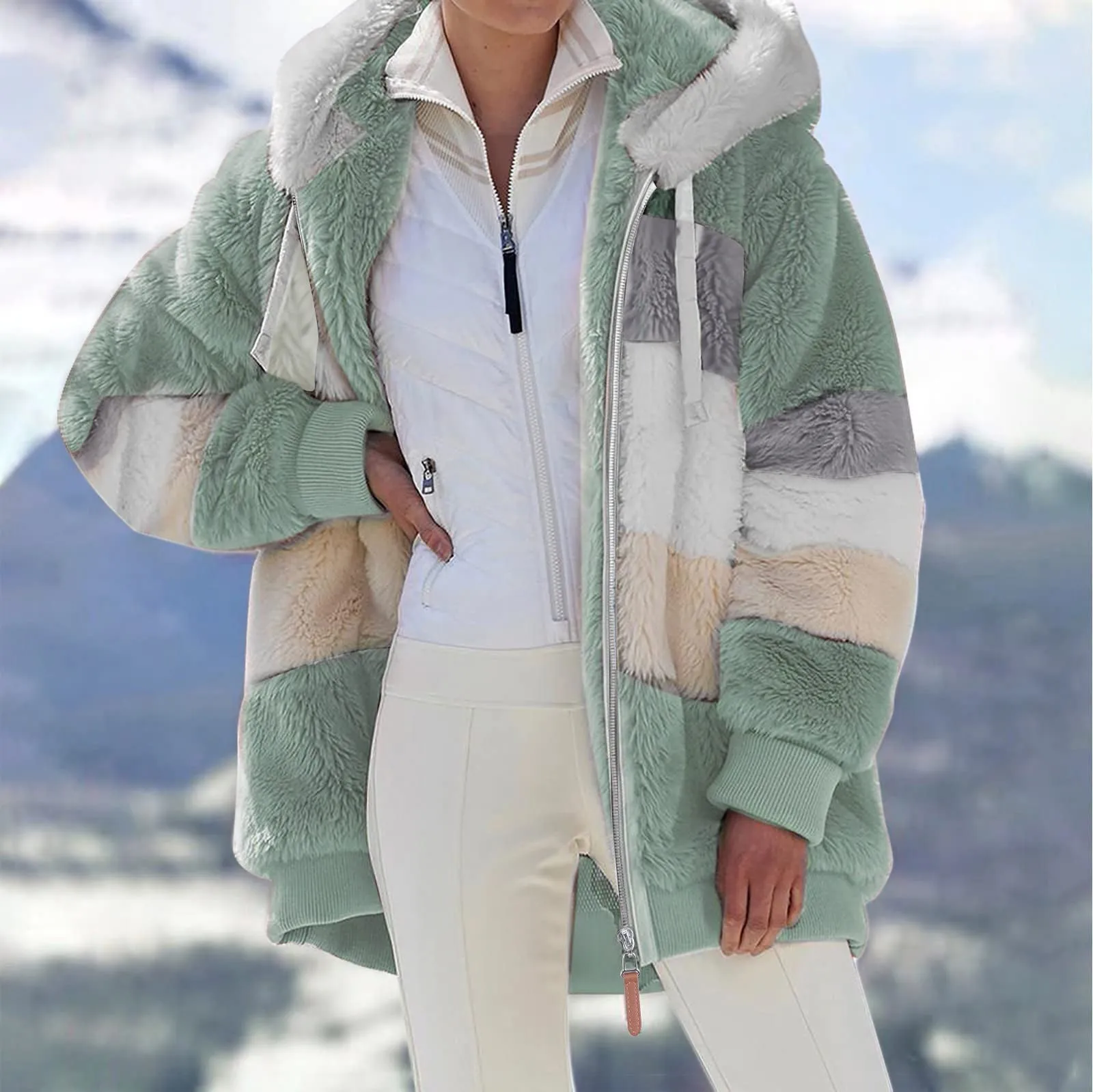 KZKR Winter Plush Coat for Women Color Block Long Sleeve Cardigan Casual Loose Fit Hooded Jacket Cover Ups Clothes