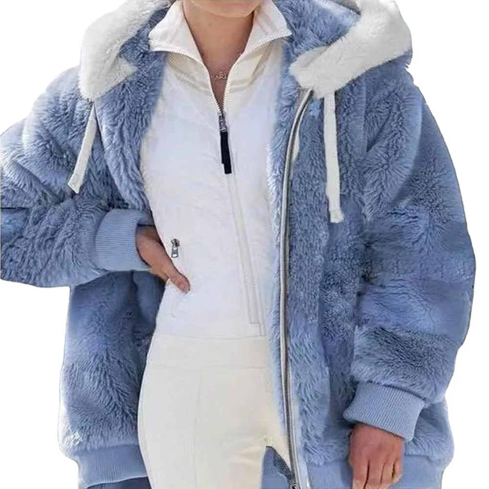 KZKR Winter Plush Coat for Women Color Block Long Sleeve Cardigan Casual Loose Fit Hooded Jacket Cover Ups Clothes