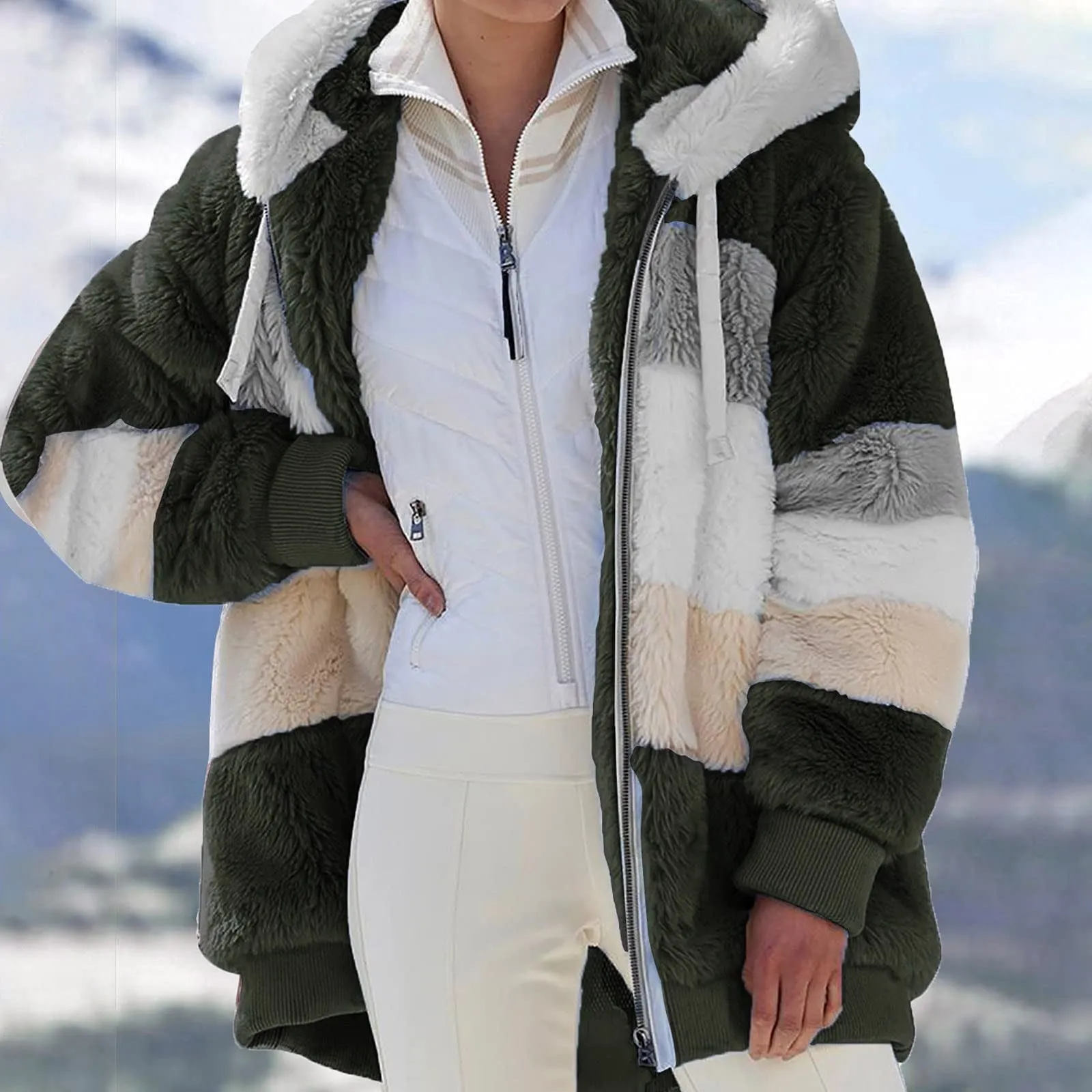 KZKR Winter Plush Coat for Women Color Block Long Sleeve Cardigan Casual Loose Fit Hooded Jacket Cover Ups Clothes