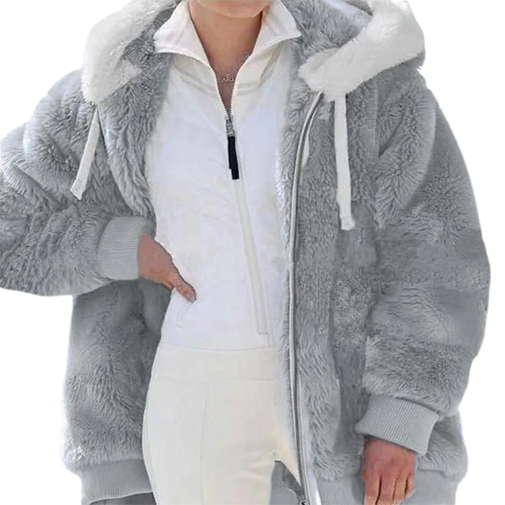 KZKR Winter Plush Coat for Women Color Block Long Sleeve Cardigan Casual Loose Fit Hooded Jacket Cover Ups Clothes