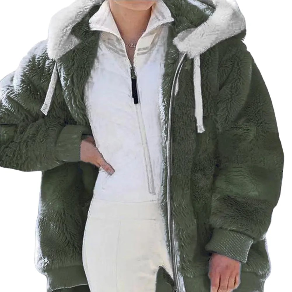 KZKR Winter Plush Coat for Women Color Block Long Sleeve Cardigan Casual Loose Fit Hooded Jacket Cover Ups Clothes