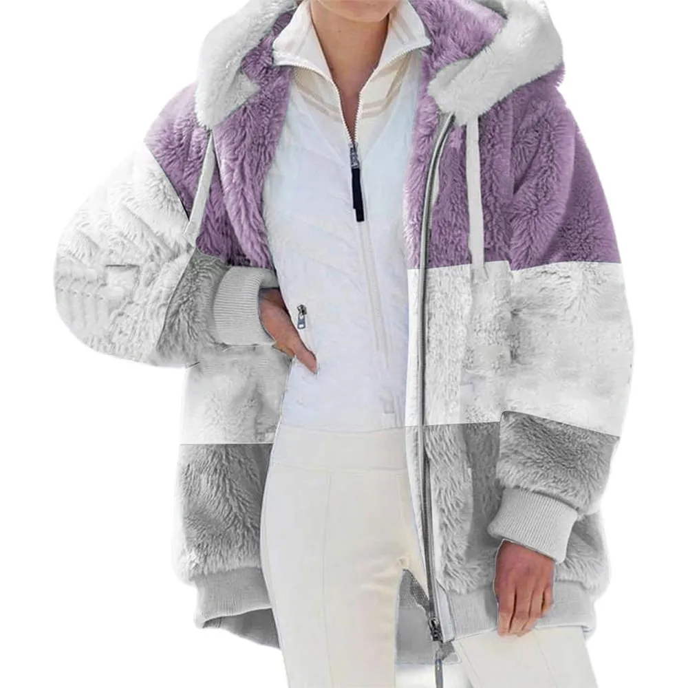 KZKR Winter Plush Coat for Women Color Block Long Sleeve Cardigan Casual Loose Fit Hooded Jacket Cover Ups Clothes