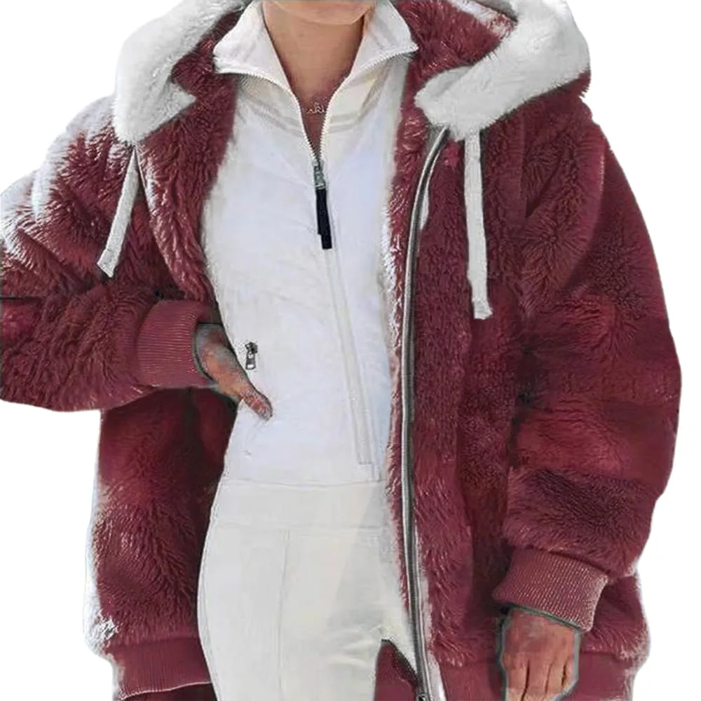KZKR Winter Plush Coat for Women Color Block Long Sleeve Cardigan Casual Loose Fit Hooded Jacket Cover Ups Clothes