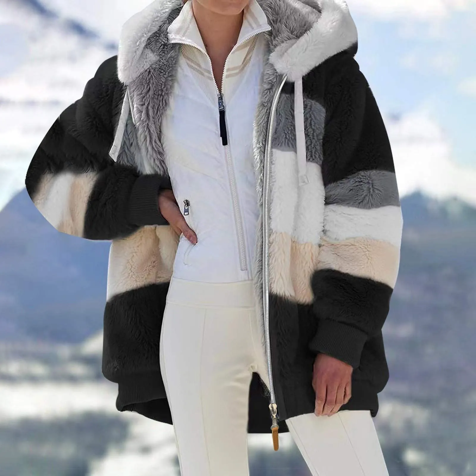 KZKR Winter Plush Coat for Women Color Block Long Sleeve Cardigan Casual Loose Fit Hooded Jacket Cover Ups Clothes