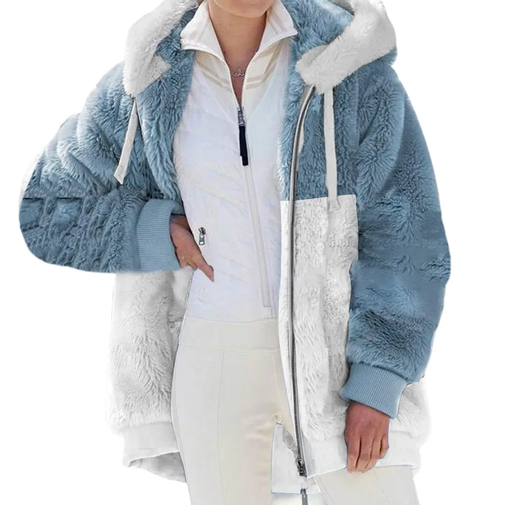 KZKR Winter Plush Coat for Women Color Block Long Sleeve Cardigan Casual Loose Fit Hooded Jacket Cover Ups Clothes