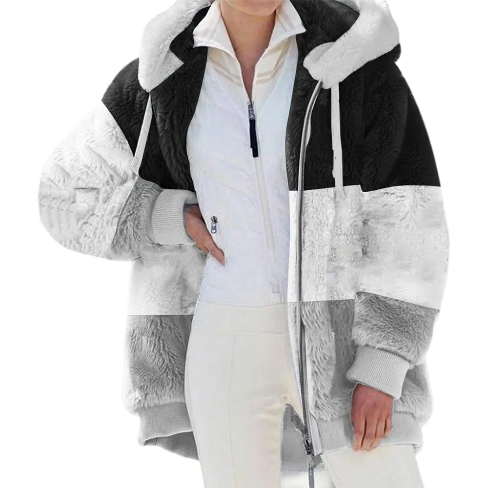 KZKR Winter Plush Coat for Women Color Block Long Sleeve Cardigan Casual Loose Fit Hooded Jacket Cover Ups Clothes