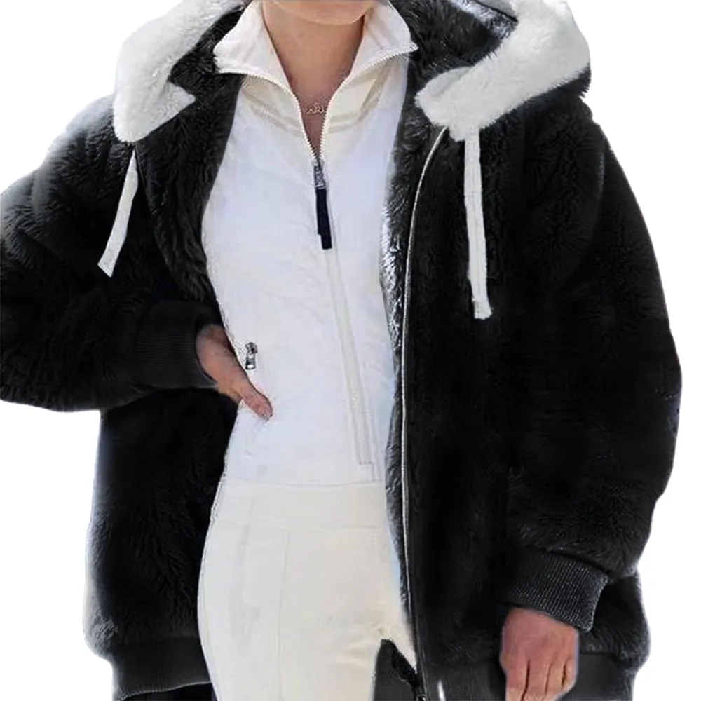 KZKR Winter Plush Coat for Women Color Block Long Sleeve Cardigan Casual Loose Fit Hooded Jacket Cover Ups Clothes