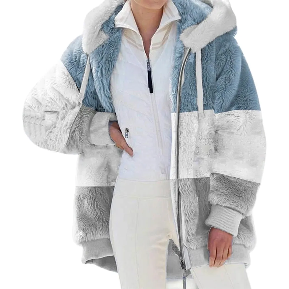 KZKR Winter Plush Coat for Women Color Block Long Sleeve Cardigan Casual Loose Fit Hooded Jacket Cover Ups Clothes