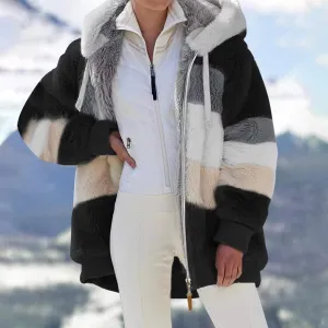 KZKR Winter Plush Coat for Women Color Block Long Sleeve Cardigan Casual Loose Fit Hooded Jacket Cover Ups Clothes