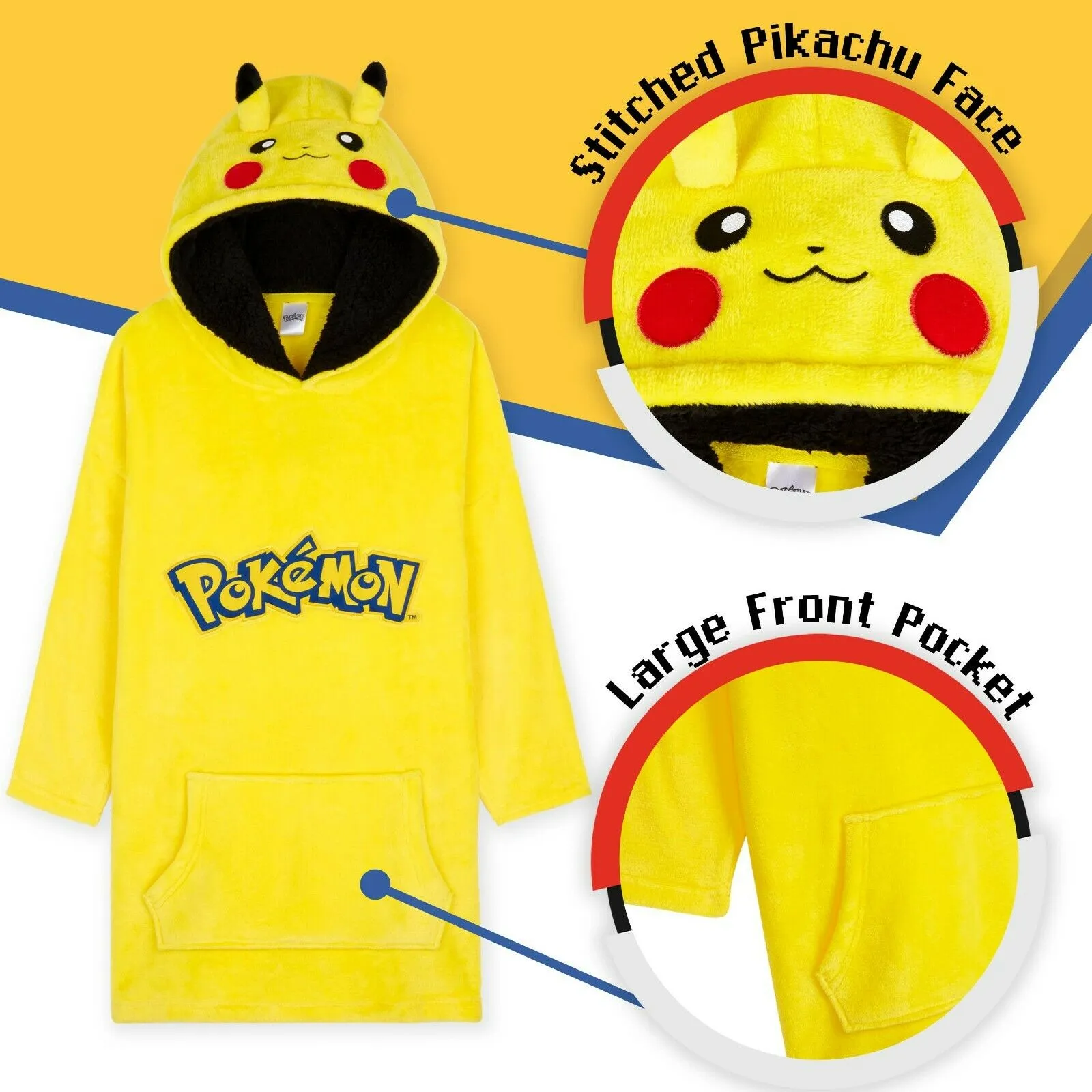 Pokemon Hoodie for Boys, Pikachu Oversized Blanket Hoodie Kids, Fleece Poncho
