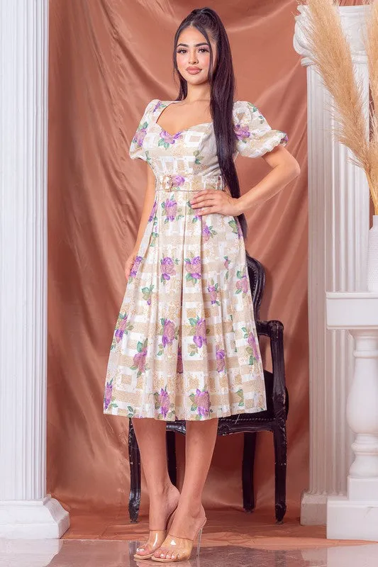 Purple Multi Glitter Flower Midi Dress