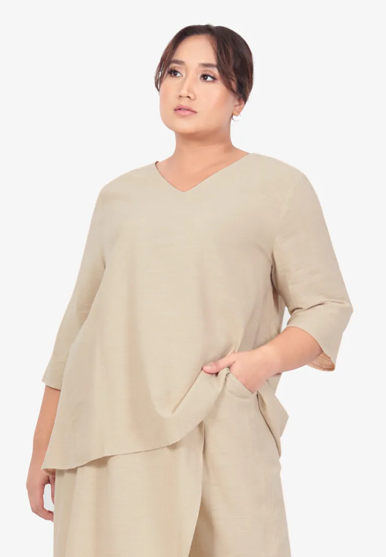 Senai Raya Zen V-Neck Pants Set - Beige