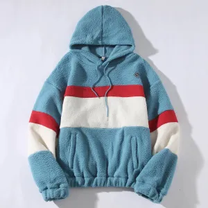 Wiaofellas  -  Korea Style Fashion Fleece Hoodies Men Patchwork Hooded Sweatshirts New Contrast Color Fluffy Thicken Warm Oversized Hoodie Tops